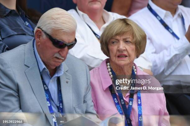 Barrymore Court and Margaret Court look on as Coco Gauff of the United States plays in her quarterfinals singles match against Marta Kostyuk of...