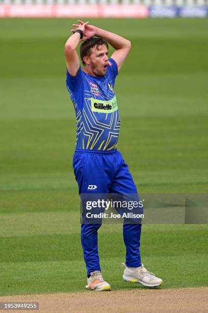 Andrew Hazeldine of the Volts reacts during the T20 Super Smash match between Otago Volts and Northern Districts Brave at University of Otago Oval on...