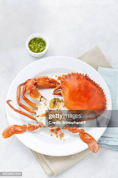 gastronomic delight: steamed egg crab, a culinary masterpiece in asian cuisine - crab stock pictures, royalty-free photos & images