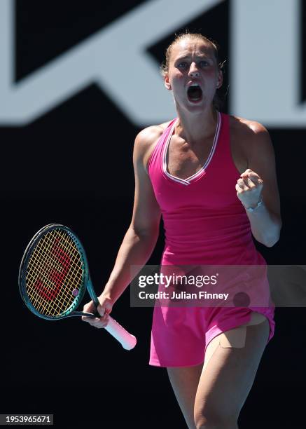 Marta Kostyuk of Ukraine celebrates winning the second set in their quarterfinals singles match against Coco Gauff of the United States during the...