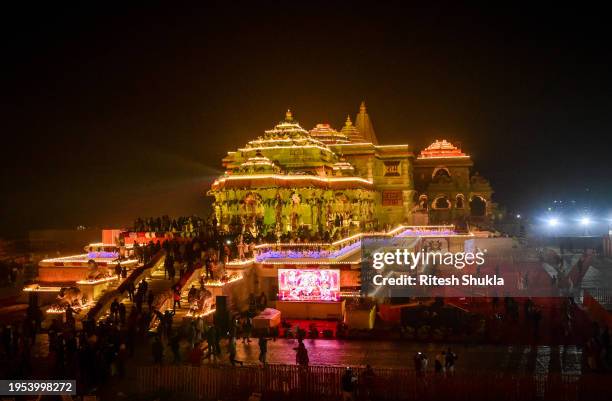 General view of the Ram Mandir on the day of its consecration ceremony January 22, 2024 in Ayodhya, India. The Ram Mandir, a temple built at a site...