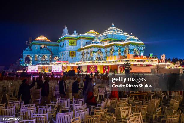 General view of the Ram Mandir on the day of its consecration ceremony January 22, 2024 in Ayodhya, India. The Ram Mandir, a temple built at a site...