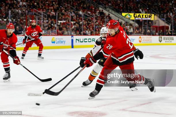 Sebastian Aho of the Carolina Hurricanes during the second period of the game against the Anaheim Ducks at PNC Arena on January 11, 2024 in Raleigh,...