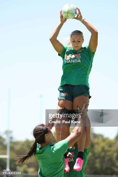 Teagan Levi of Australia practices line-outs during an Australia Women's Sevens training session at North Beach RLC on January 23, 2024 in Perth,...