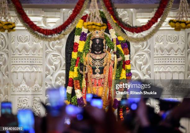 View of the idol of the Hindu god Ram after the consecration at the Ram Mandir on January 22, 2024 in Ayodhya, India. The Ram Mandir, a temple built...
