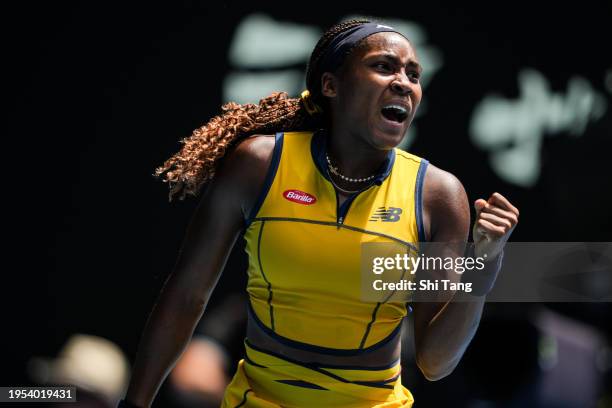 Coco Gauff of the United States reacts in the Women's Singles Quarter Finals match against Marta Kostyuk of Ukraine during day ten of the 2024...