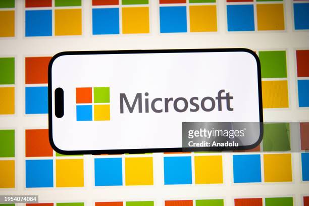 In this photo illustration, 'Microsoft' logo is displayed on mobile phone screen in Ankara, Turkiye on January 25, 2024.
