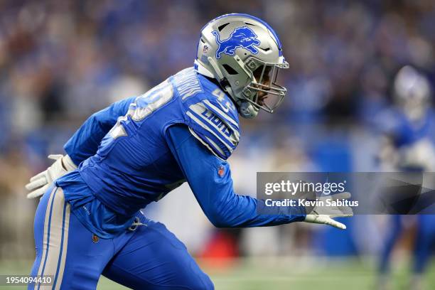 Jalen Reeves-Maybin of the Detroit Lions runs downfield during an NFL divisional round playoff football game against the Tampa Bay Buccaneers at Ford...