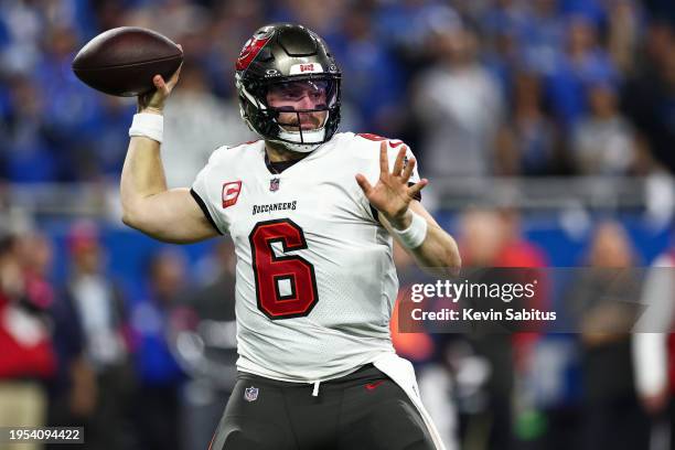 Baker Mayfield of the Tampa Bay Buccaneers throws a pass during the second quarter of an NFL divisional round playoff football game against the...