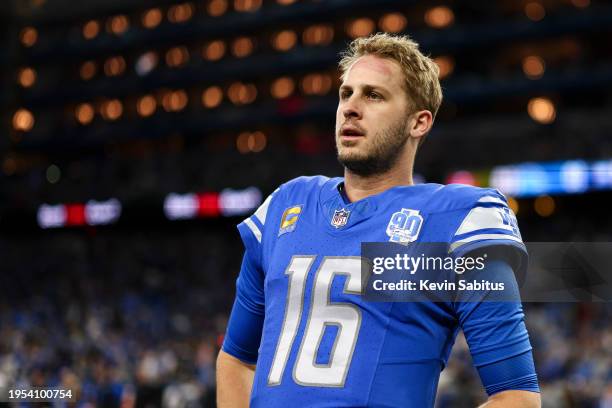 Jared Goff of the Detroit Lions stretches prior to an NFL divisional round playoff football game against the Tampa Bay Buccaneers at Ford Field on...