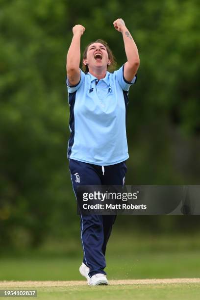 Emily Barber of New South Wales celebrates a wicket in the Deaf and Hard of Hearing division during the 2024 National Cricket Inclusion Championships...