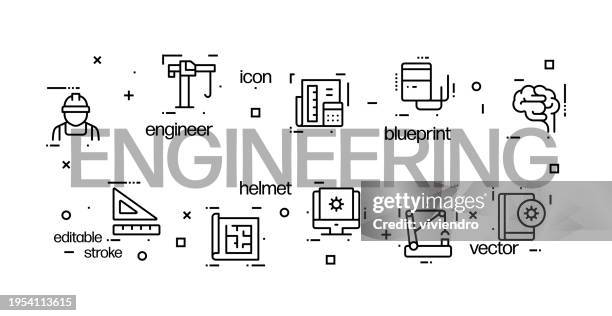 engineering icons centered around the set title - engineering office background stock illustrations