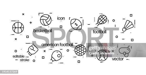 sport icons centered around the set title - sport set competition round stock illustrations