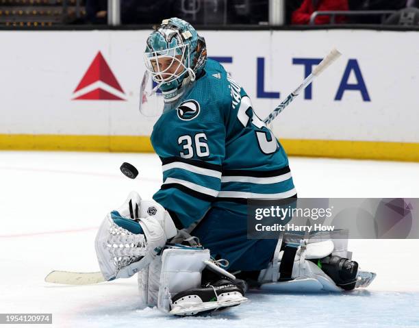 Kaapo Kahkonen of the San Jose Sharks makes a save during the second period against the Los Angeles Kings at Crypto.com Arena on January 22, 2024 in...