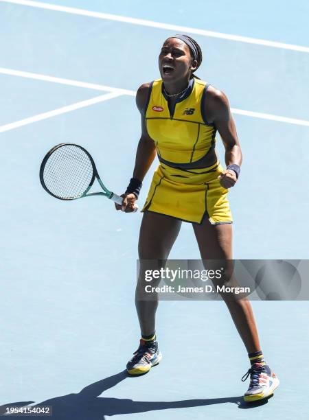 Coco Gauff of the United States celebrates winning match point in her quarterfinals singles match against Marta Kostyuk of Ukraine during day ten of...