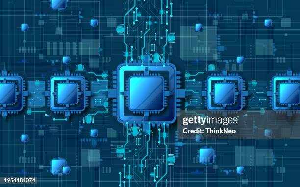 stockillustraties, clipart, cartoons en iconen met futuristic microchip processor with lights on the blue background. quantum computer, large data processing, database concept. - semiconductor