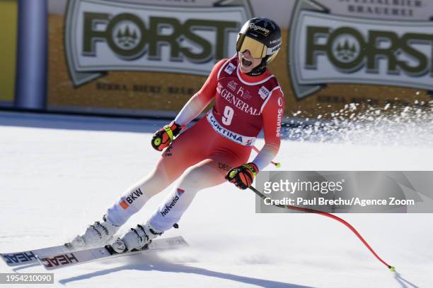 Lara Gut-behrami of Team Switzerland celebrates during the Audi FIS Alpine Ski World Cup Women's Downhill on January 26, 2024 in Cortina d'Ampezzo,...