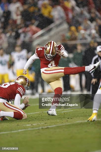 Jake Moody of the San Francisco 49ers kicks for a field goal that gets blocked during the NFC Divisional Playoff game against the Green Bay Packers...