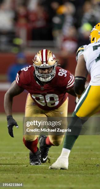 Javon Hargrave of the San Francisco 49ers rushes the quarterback during the NFC Divisional Playoff game against the Green Bay Packers at Levi's...