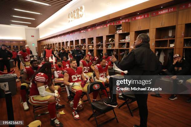 Defensive Coordinator Steve Wilks of the San Francisco 49ers wit the defense in the locker room during halftime of the NFC Divisional Playoff game...