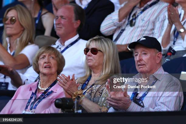 Margaret Court, Susan Johnson and Rod Laver look on during the quarterfinal singles match between Marta Kostyuk of Ukraine and Coco Gauff of the...