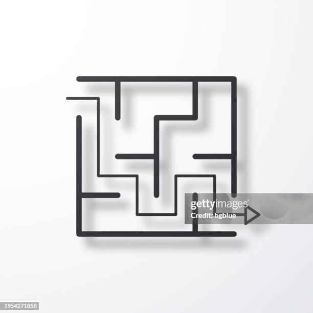 maze and solution. line icon with shadow on white background - brain teaser icon stock illustrations