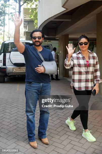 Saif Ali Khan and Kareena Kapoor seen at their resident, bandra on January 23, 2024 in Mumbai, India. Saif Ali Khan admitted Kokilaben Dhirubhai...