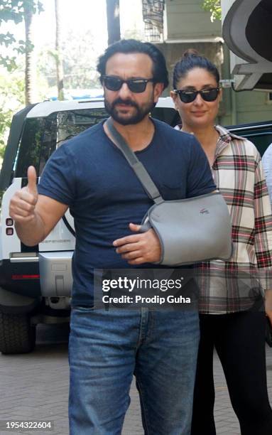 Saif Ali Khan and Kareena Kapoor seen at their resident, bandra on January 23, 2024 in Mumbai, India. Saif Ali Khan admitted Kokilaben Dhirubhai...