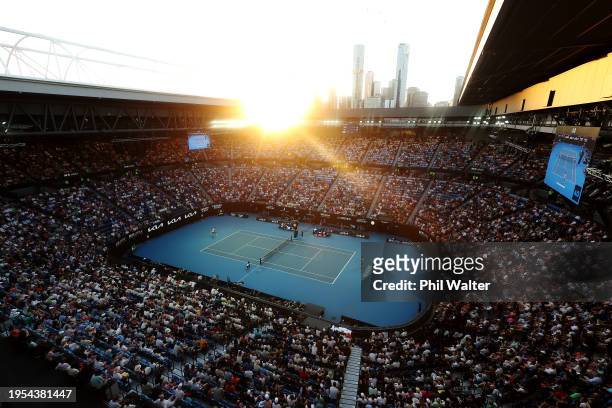 A general view of Rod Laver Arena during the quarterfinal singles match between Novak Djokovic of Serbia and Taylor Fritz of the United States during...