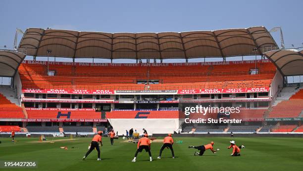 General view of the India side having catching practice during the India Net Session at Rajiv Gandhi International Stadium ahead of the First Test...