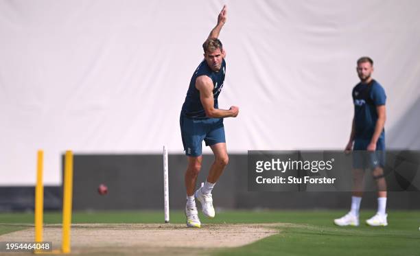 England bowler James Anderson in bowling action during the England Net Session at Rajiv Gandhi International Stadium ahead of the First Test Match...