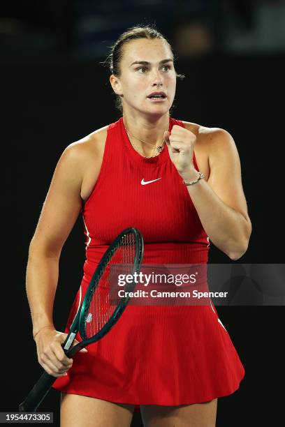 Aryna Sabalenka celebrates a point in their quarterfinals singles match against Barbora Krejcikova of Czech Republic during the 2024 Australian Open...
