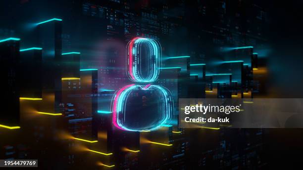 standing out of the crowd. digital person icon on future tech background. productivity and personalisation evolution. futuristic man icon in world of technological progress and innovation. cgi 3d render - avatar imagens e fotografias de stock