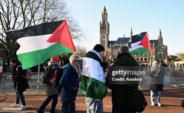 People hold Palestinian flags in front of the International Court of Justice as journalists outside waiting for the ICJ to give interim ruling in...