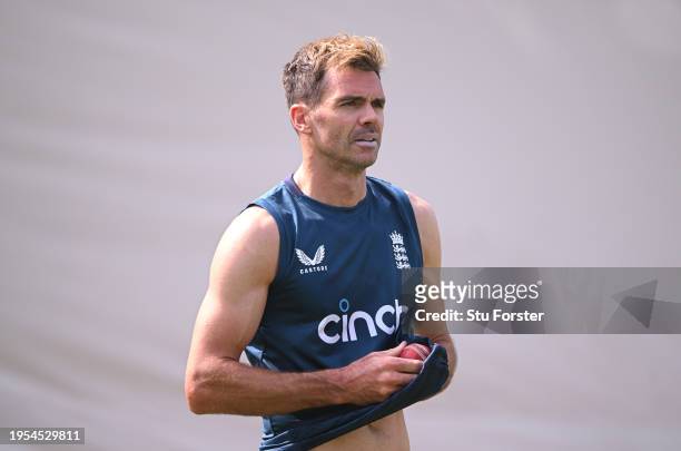 England bowler James Anderson gives the ball a shine during the England Net Session at Rajiv Gandhi International Stadium ahead of the First Test...