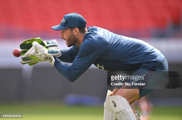 England wicketkeeper Ben Foakes in action during the England Net Session at Rajiv Gandhi International Stadium ahead of the First Test Match against...