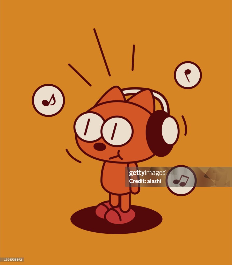 A quirky and cute kitten wearing a headset and standing on its feet