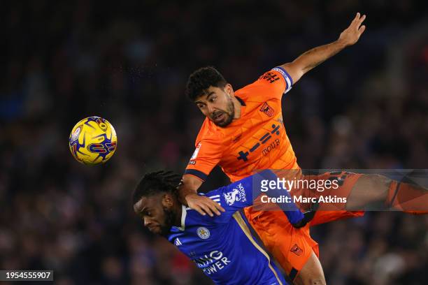 Stephy Mavididi of Leicester City in action with Massimo Luongo of Ipswich Town during the Sky Bet Championship match between Leicester City and...