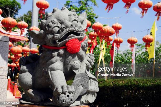 chinese temple sculpture of a fu dog on a background of red lanterns - buddhist new year photos et images de collection