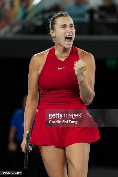 Aryna Sabalenka reacts in the Women's Singles Quarter Finals match against Barbora Krejcikova of Czech Republic during day ten of the 2024 Australian...