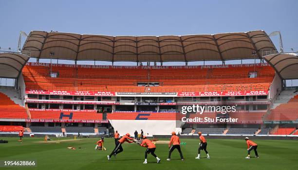 General view of the India side having catching practice during the India Net Session at Rajiv Gandhi International Stadium ahead of the First Test...