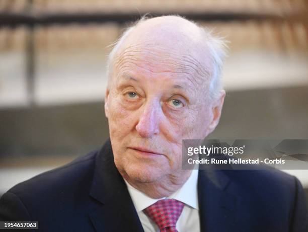 King Harald visits Faktisk.no at Norwegian Press Association on January 23, 2024 in Oslo, Norway.