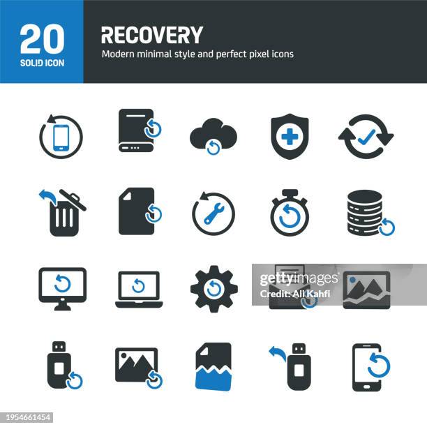 recovery solid icons. containing backup, data, restoring, repairing solid icons collection. vector illustration. for website design, logo, app, template, ui, etc. - laptop icon solid stock illustrations