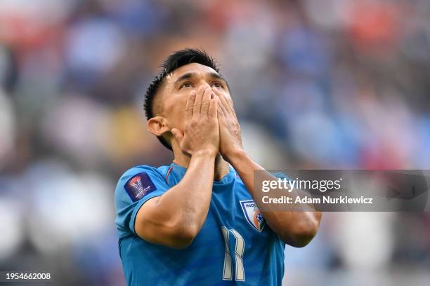 Sunil Chhetri of India reacts during the AFC Asian Cup Group B match between Syria and India at Al Bayt Stadium on January 23, 2024 in Al Khor, Qatar.