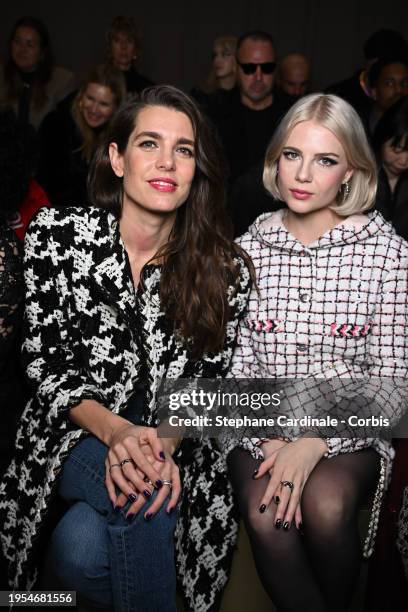 Charlotte Casiraghi and Lucy Boynton attend the Chanel Haute Couture Spring/Summer 2024 show as part of Paris Fashion Week on January 23, 2024 in...