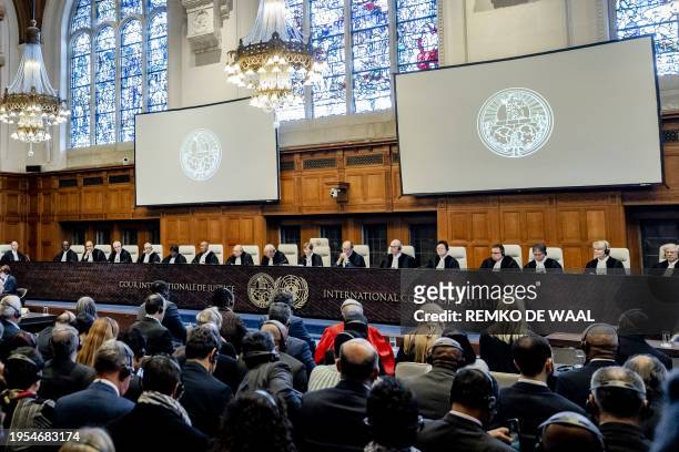 President Joan Donoghue speaks at the International Court of Justice prior to the verdict announcement in the genocide case against Israel, brought...