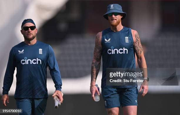 England head coach Brendon McCullum and captain Ben Stokes look o during the England Net Session at Rajiv Gandhi International Stadium ahead of the...