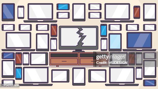 tv with broken screen. multiple screen concept - broken appliance stock illustrations