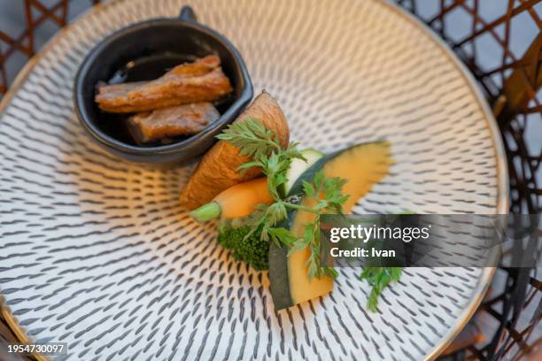 japanese style side dish, kaiseki set, grilled vegetable, pumpkin - kasukabe stock pictures, royalty-free photos & images