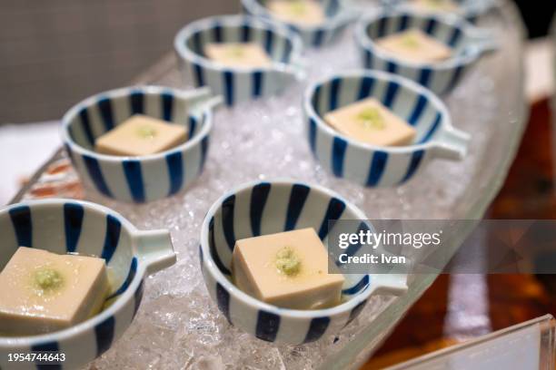 plate of hiyayakko, japanese cold tofu - hiyayakko fotografías e imágenes de stock